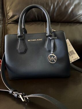 Michael Kors Navy Saffiano Leather Small Satchel with Silver Logo Charm
